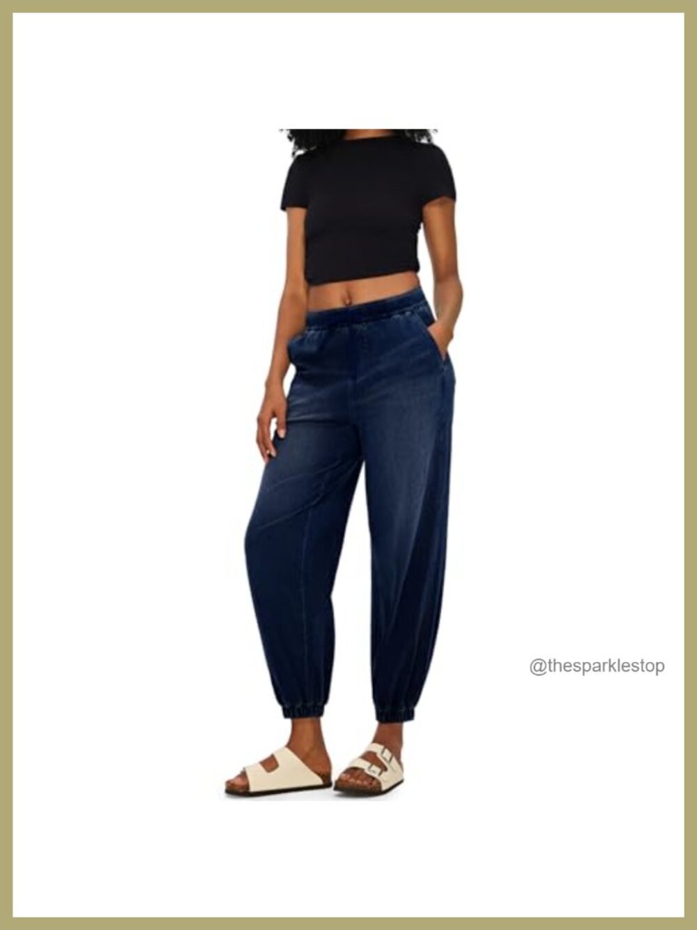 High Waisted Barrel Jeans Elastic Cuffed Hem Stretchy Denim